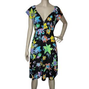 Vintage 90s JAMS WORLD Black Bold Neon Colorful Floral Sheath Dress Medium